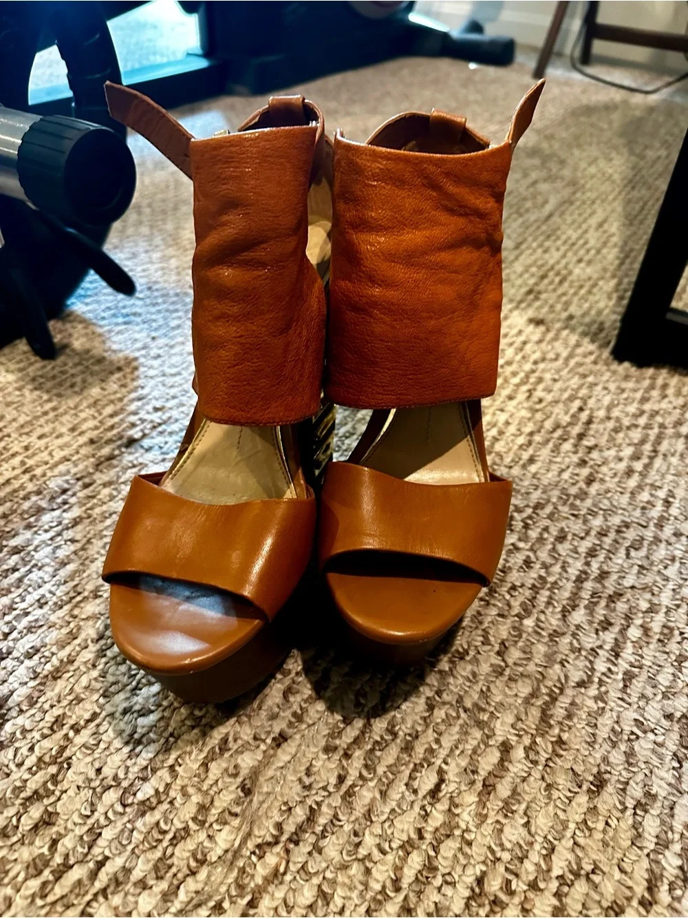 Gianni Bini Cognac Leather Platform Wedge Sandals with Gold Accent
